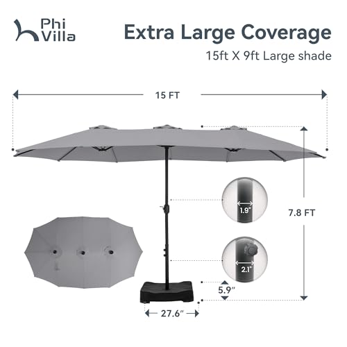 Image of PHI VILLA 15ft Large Outdoor Patio Umbrella with Base Included, Light Grey
