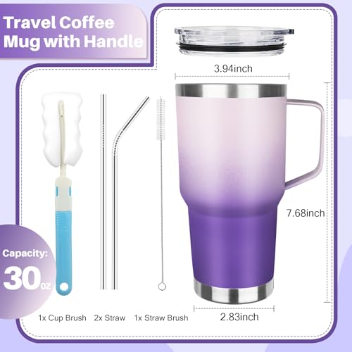 GUDEMAO 30 oz Tumbler with Handle, Stainless Steel Insulated Tumbler with Lid and Straw, Double Wall Vacuum Coffee Mug Tumbler, Insulated Coffee Thermal Cup for Cold and Hot (Light Dark Purple)