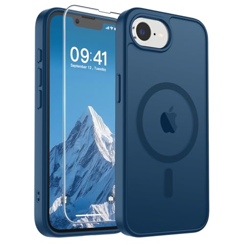 Image of SUPFINE Magnetic for iPhone 17e Case /iPhone 16e Case with Screen Protector (Compatible with MagSafe)(Military Grade Drop Protection) Translucent Matte with Anti-Fingerprint Phone Case,Deep Blue