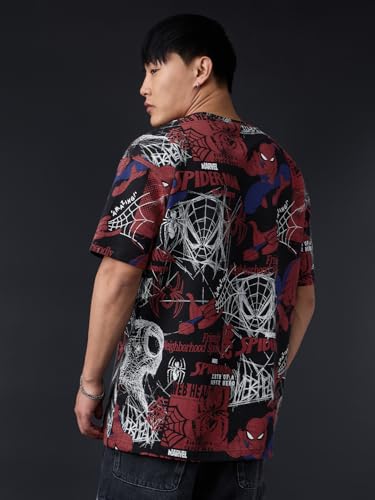 Image of The Souled Store Official Marvel: Spider x Venom Oversized T-Shirt for Men Boys Cotton Casual Half Sleeves Baggy Loose Fit Drop Shoulder Round Neck Black