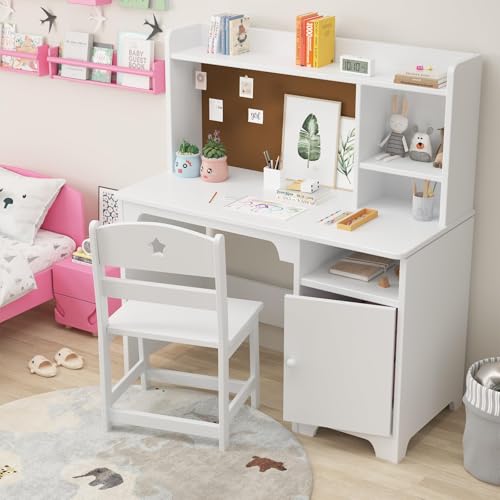 GarveeHome Kids Desk & Chair Set with Hutch, Storage Cabinet, Wooden Children Student Writing Table Computer Workstation for Kids Bedroom & Study Room