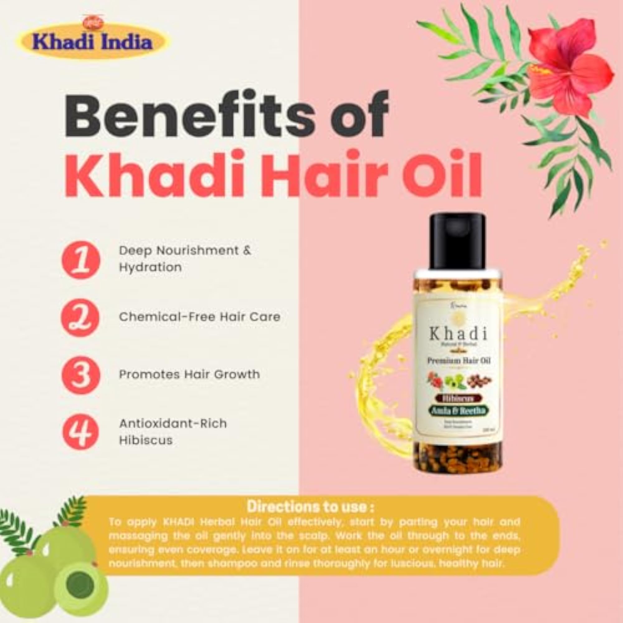 KHADI Hibiscus, Amla & Reetha Premium Hair Oil, Deep Nourishment