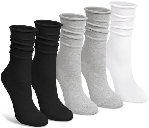 Image of Chalier 5 Pairs Slouchy Socks for Women, Soft Cotton Crew Socks | Breathable Blend, Elastic Cuff, Cute Roll Top, Calf Scrunch Tube, Easy Pull On, Flexible Stretch Motion, Casual Daily Wear