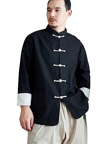 Ystylee Mens Tang Suit Shirt Long Sleeve Contrast Color Chinese Frog Buttons Lightweight Jacket