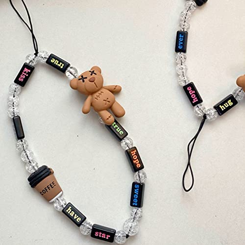 Acogo Cell Phone Charm Cartoon Bear Beaded Phone Lanyard Handmade Wrist Strap Brown Phone Accessory Letters Bracelet Jewelry Gift #TOP7