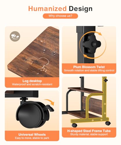 Portable Rolling Desk on Wheels Adjustable Height Desks for Small Spaces, 32" Computer Desk with Storage Shelves for Home Office Rustic - Image 6