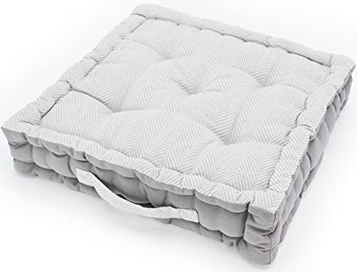 Sitzkissen Fischgrät aus 100% Baumwolle (170g/m2) - Bodenkissen, Stuhlkissen, Sitzerhöhung - Mit Tragegriff - 45x45x10cm - Hellgrau Cover