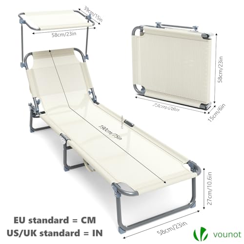 Miniatura 2 de Vounot Juego De 2 Tumbonas Plegables Con Parasol, Tumbona Playera Reclinable 4 Posiciones, Estructura Acero Y Tejido Textileno, Peso Máx. Soportado 110kg Para Piscina, Jardín, Playa 190x58x27cm, Beige