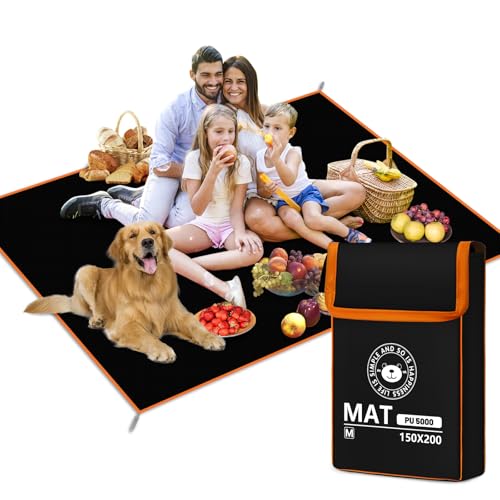RUVVDR Telo Picnic Impermeabile Coperta Picnic Leggero Telo Mare con 4 Picchetti A Terra，Stuoia Spiaggia per Campeggio, Parco, Giardino, Montagna, Viaggi,Lavatrice,Pieghevole (Nero, 150 X 200 CM)