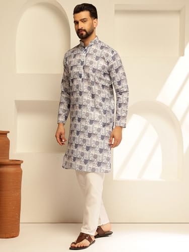 Image of SOJANYA (Since 1958 Men's Cotton Linen Abstract Printed Kurta with White Pyjama