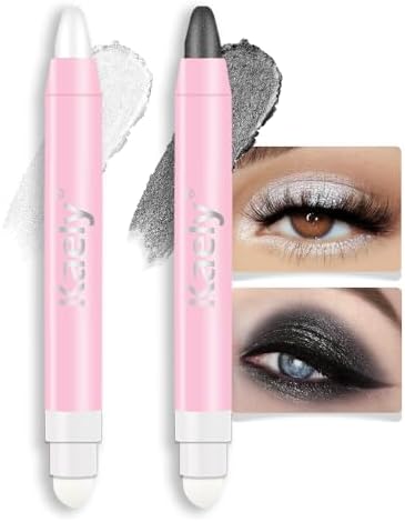 evpct 2Pcs Cream Eye Shadow Brightener Sticks Set for Eyes Waterproof, Pearl White & Pearl Black Shimmer Cream Eyeshadow Applicator Stick Pigmented Eye Makeup sombras en crema para ojos 01+03