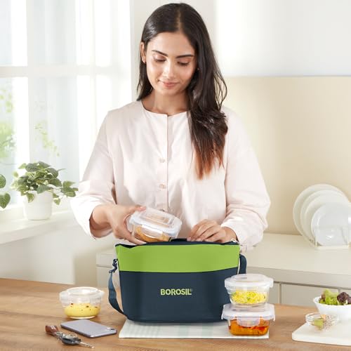Image of Borosil Daisy Lunchbox with Bag | 4pc Borosilicate Glass Container Set (320ml x 2 Square + 240ml x 2 Round) | Microwave & Dishwasher Safe, Leak Proof | Tiffin for Office, School, College (Alfa Green)