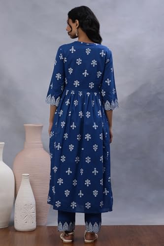 Image of W for Woman W Women Blue Geometric Print Cotton Kurta & Straight Pant