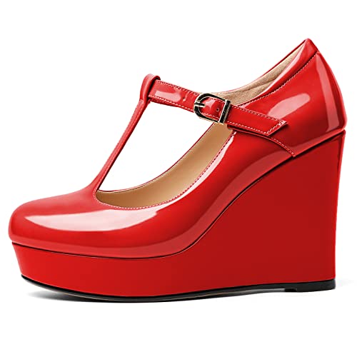 Soireelady Women's Wedges Heel Pumps Closed Round Toe Platform Heels T-Strap Buckle Wedges Platform High Heel Pump Shoes Dress Wedding Party Pumps 4Inch2