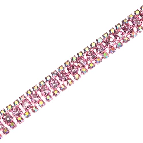 M METERXITY 1-Pack Crystal Rhinestone Close Chain Trim, 3 Rows 1 Yard Dress Embellishments, Sparkly Diamond Strips Applique Embellishment for Craft/Sewing/Wedding [Light Pink AB]