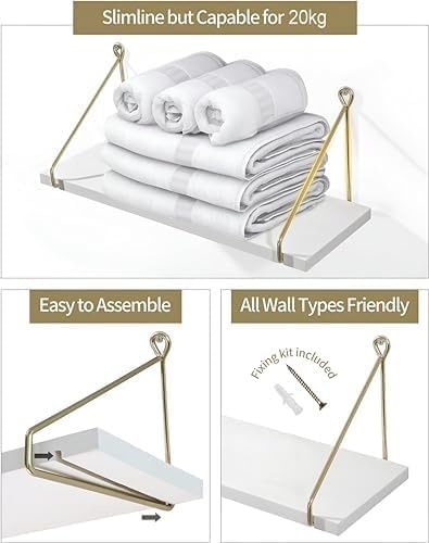 Image of Wall Shelf for Living Room, Wood Hanging Storage Organizer with Metallic Gold and Black Accents, Modern Wall-Mounted Decorative Floating Shelves for Bedroom, Office, or Entryway (White)