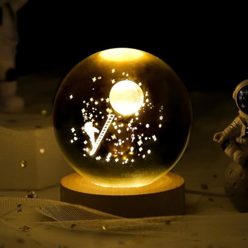 Emuia【ギフトボックス付き】クリスタルボール LEDライト 木製 おしゃれ 間接照明 宇宙 置物 癒しグッズ 誕生日プレゼント 女性 友達 クリスマス インテリア 寝室 玄関(F)