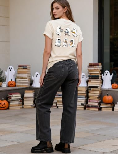 Halloween Shirts for Women Teacher Reading Books T-Shirt Funny Fall Party Tee Beige - image 3