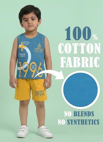 Image of Pure Cotton Sleeveless T-Shirt and Half Pant Set for Boys Kids| Kids boys tshirt and half pant set| Coordinated Set for Unisex kids| Roundneck Tees| Lightweight and Breathable