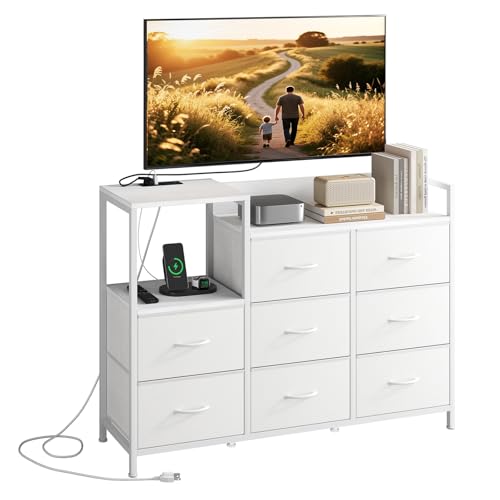 Image of NEWBULIG Media Console Dresser TV Stand for 45 inch with 8 Fabric Drawers & Open Shelves, Wooden Top Entertainment Center with LED Lights & Charging Station for Bedroom, White