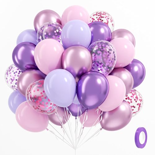 Image of 61pcs Pink and Purple Balloons, 12 Inch Purple Pink Confetti Latex Balloons, Metallic Balloon for Bridal Baby Shower Wedding Women Birthday Party Decorations