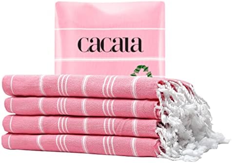 Cacala Turkish Hand Towels with Hanging Loop (23 x 36) Set of 4-100% Cotton Kitchen Towel Quick Dry Prewashed for Soft Feel Decorative Towels for Gym, Yoga, Bath and Kitchen - Pink