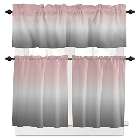 ALAGEO Pink and Grey Kitchen Curtain Valance and Tiers Set Ombre Pink Gray Rod Pocket Kitchen Tier Curtain Valance Set 3 Piece Gradient Gradual Color Window Curtain Valance Tier Set 54in x 36in Cover