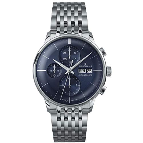 Junghans Meister Chronoscope Mens Day Date Automatic Chronograph Watch - 40mm Analog Blue Face Classic Watch with Luminous Hands - Stainless Steel Band Luxury Watch Made in Germany 027/4528.45