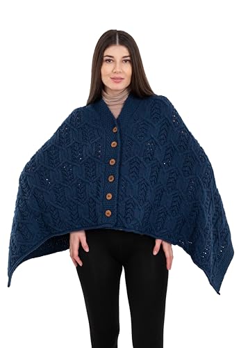 Image of SAOL Aran Poncho 100% Merino Wool for Ladies with Buttons V-Neck Shawl Cardigan