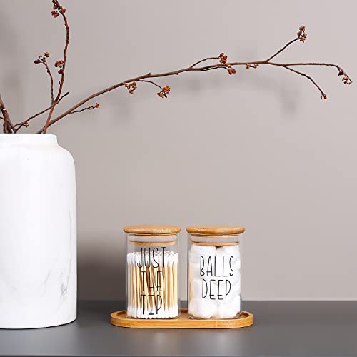 MOMEEMO Funny Qtip Holder and Cotton Ball Holder Set for Bathroom Organization. Apothecary Jars with Bamboo Tray are Great for Farmhouse Bathroom Decor, Rustic Bathroom Decor. (Glass&Tray) - Image 3