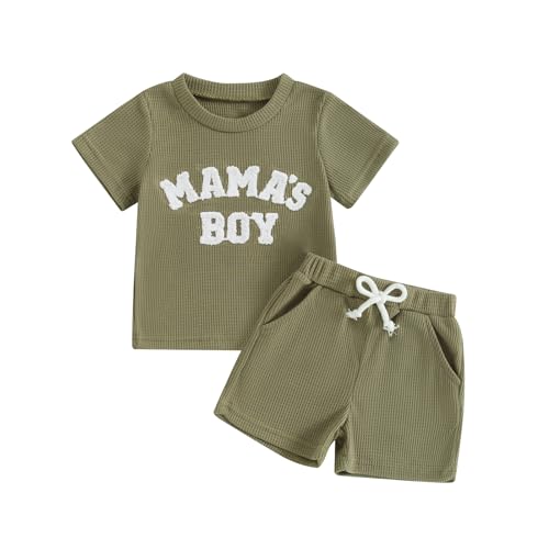Image of Kupretty Toddler Baby Boy Summer Clothes Embroiderey Waffle Knit Short Sleeve T-Shirt Tees + Casual Shorts Cute Clothing Set