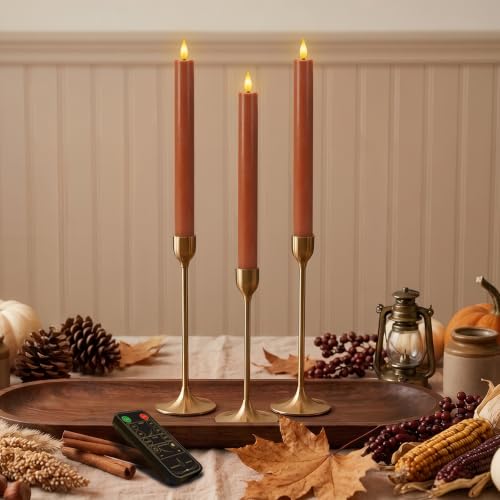 Image of Homemory 9.6 Inch Real Wax Flameless Taper Candles, Terracotta LED Candlesticks 3 Pcs with 3D Flame Remote and Timer, Battery Operated for Thanksgiving Mother's Day Teacher Appreciation Gifts