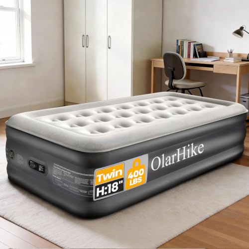 OlarHike Twin Air Mattress with Built-in Pump 18 Raised Inflatable Bed for Home & Outdoor Use 400lb Weight Capacity - Portable Blow-up Mattress for Guests Camping and Travel