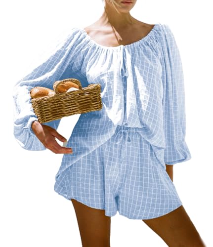 Image of Women Plaid Bubble Oversize Long Sleeve Top Shorts 2 Piece Cozy Beach Vacation Outfits Lounge Set Tracksuits
