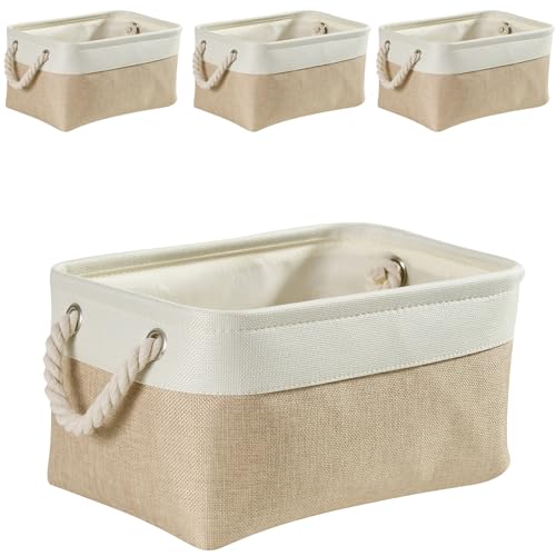 Mangata Lot de 4 grandes boîtes de rangement en toile avec poignées pour armoires, armoires, étagères, salle de bain, vêtements, jouets, serviettes (pliables, Blanc Kaki Clair)