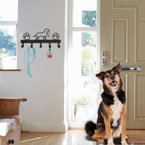 yupeuooe Hundegarderobe mit 5 Haken, Hunde Garderobe Schlüsselhalter Aus Metall, Hundeleinenhalter Wand Mit Hunde Und Pfotenabdrücken, Hundeleinenhalter für Halsband und Hundezubehör, 32x15cm