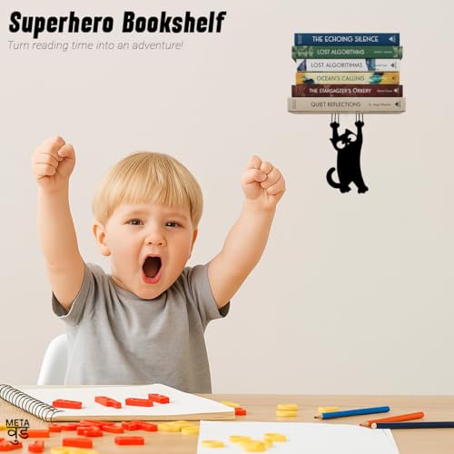 Image of Illusion Bookholder | Wall Mounted Book End | Superhero Bookshelf | Decor for Kids Room, Invisible Metal Book Holder Heavy Duty (Cat)