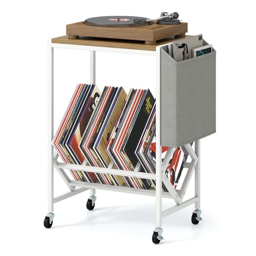 COSTWAY Mueble Tocadiscos con Ruedas, Soporte para Tocadiscos con Estante para Vinilos y Almacenaje Lateral, Mesa Auxiliar Móvil de Discos para Exhibición de Vinilos, 49,5x30x64 cm (Natural y Blanco)