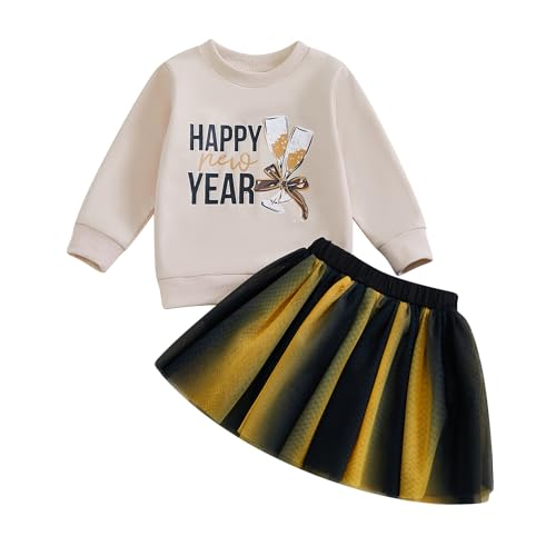 Toddler Girl New Years Outfit Embroidery Letter Print Sweatshirt Sequined Star Tulle Tutu Skirt Dress Clothes