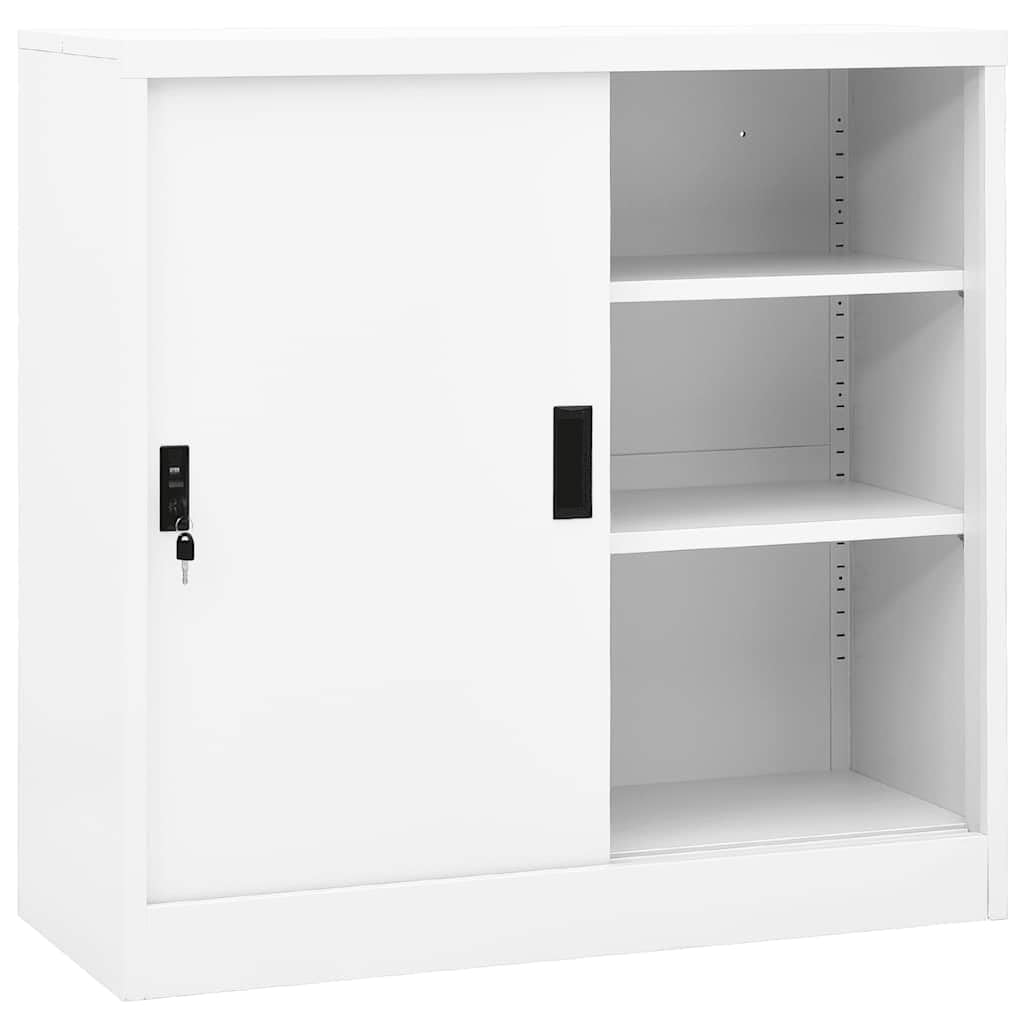 Armario de oficina con puerta corredera en color blanco, 90 x 40 x 90 cm, de acero con estantes ajustables, con cerradura, ideal para oficina, sótano, garaje, cocina, baño