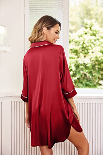 Ekouaer Sexy V Neck Satin Nightgowns Silk 3/4 Sleeve Sleepshirt Button Down Boyfriend Nightshirt Bridesmaid Sleepwear Wine Red L #TOP4