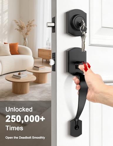 Image of Tinewa Matte Black Double Front Door Handleset with Deadbolt - Upgraded Entry Door Handle Featuring Accent Wave Lever, Keyed & Dummy Exterior Handleset Combination