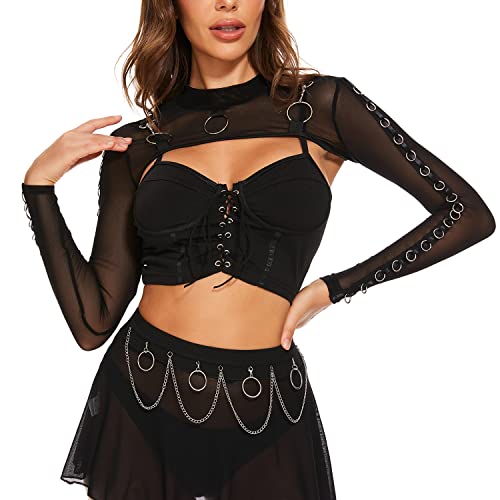 Ypser Haut court en maille transparente avec devant ouvert et manches en filet à épaules dénudées avec boucles en plastique détachables, M