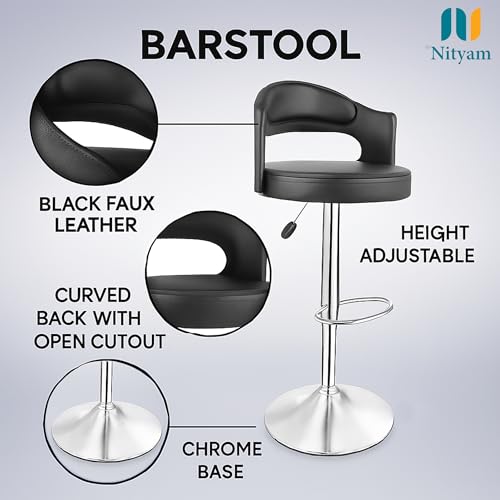 Image of Nityam Modern Style Bar Stool Chair for Kitchen Home Office Counter Shop, Adjustable Height with 360 Degree Rotate Swing, U Shape Back Rest, Comfort & Soft Seat, (Color-Black, Set of 2)