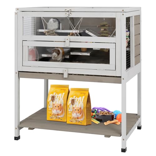 PetsCosset Guinea Pig Cages Wooden Hamster Cage Indoor with Stand and Storage Outdoor Small Animals Habitat with Metal Edges Ramps Hideout House,No Leak and Pull Out Tray, Easy Clean