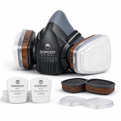 ✅ PROTEZIONE TOTALE E CERTIFICATA: La maschera Gomooy con doppio filtro ai carboni attivi garantisce una protezione al 99,97% contro polveri sottili, gas tossici e fumi. Certificata CE EN 140, ideale per lavori ad alto rischio come verniciatura e saldatura.