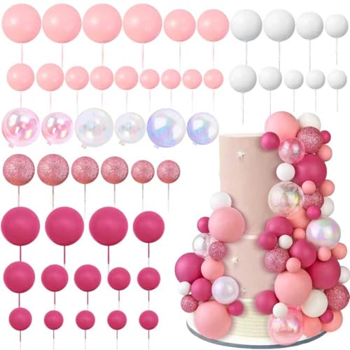 50PCS Macaron Ball Cake Topper Decoration for DIY Baking 5 Sizes Decorative Cake Toppers for Wedding Birthday and Anniversary (Pink)