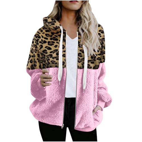 Womens Fleece Jacket Sexy Leopard Print Sherpa Fuzzy Hooded Coats Fall Winter Warm Patchwork Zip Up Jackets Outwear