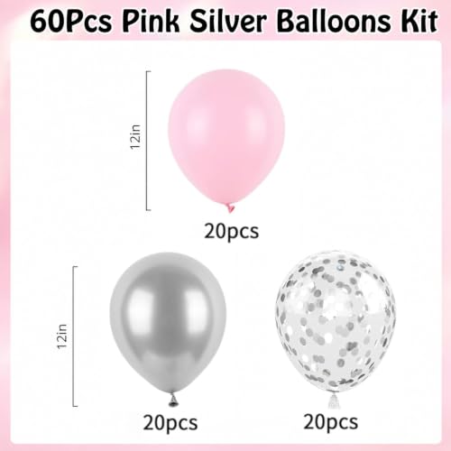 Image of 60Pcs Pink and Silver Balloons, 12inch Silver Confetti Party Latex Balloons | Pastel Pink Metallic Silver Party Confetti Balloons Set for Girl Party Birthday Bride Wedding Baby Shower Graduation