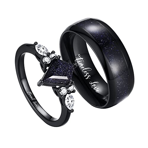 Personalized Promise Rings for Couples, Black Matching Rings for Couples, Engraved Kite Cut Shaped Blue Sandstone Ring, Custom Matching Couple Rings Set, His and Her Engagement Ring for Couples